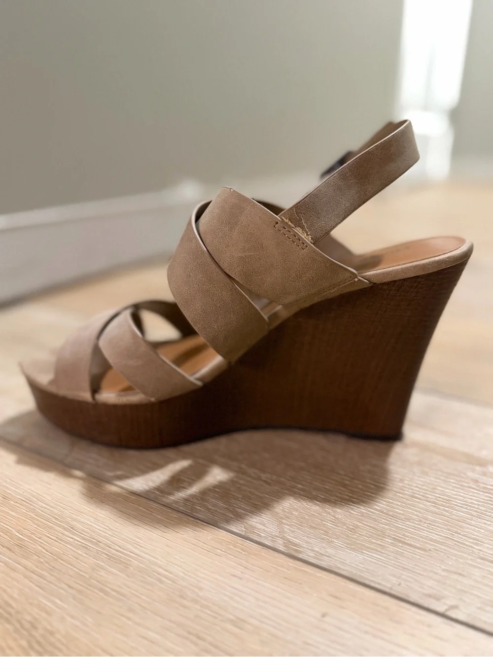 Women's Taupe Crossband Wedge Sandals with Ankle Strap